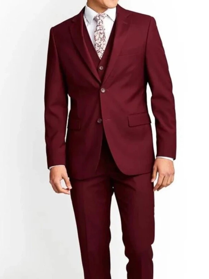 Men Berlin Notch Lapel 3 Piece Maroon Suit – Elegant Formal Style with Modern Gentleman Appeal