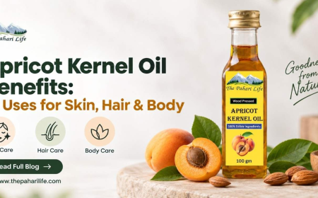 Apricot Kernel Oil benefits for skin, hair and body featuring The Pahari Life wood-pressed apricot kernel oil.